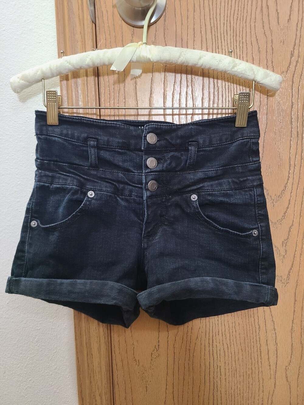 Mossimo High Waist Black Denim Roll Cuff Stretchy Jean Shorts - Picture 2 of 4